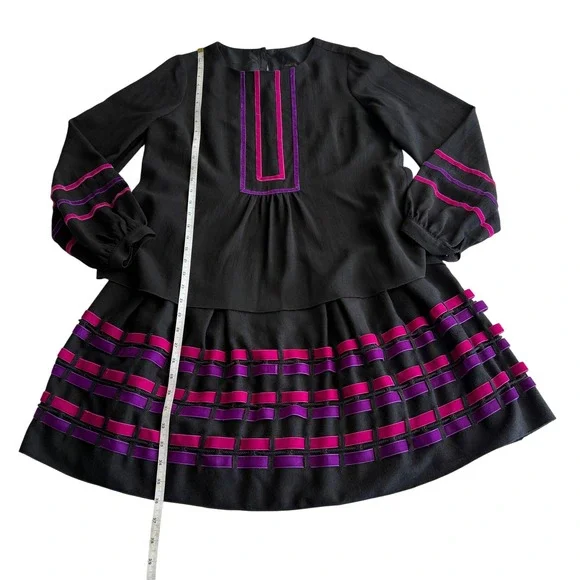 Anna Sui USA‎ Made Wool Woven Velvet Ribbon Peasant Flounce Black Pink Dress 8